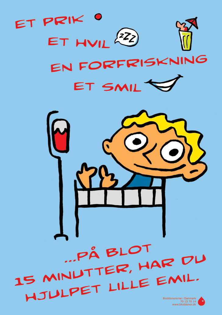 Bloddonor plakat med lille dreng og et sødt rim tegnet for bloddonorerne i Storkøbenhavn