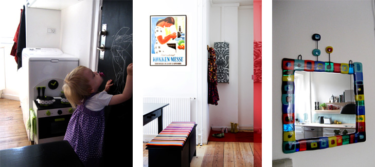 Detaljer fra indretning - Dør malet med tavlelak, spisebord med retro plakat på væggen og farverigt ophængt glasindfattet spejl