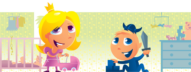 illustration i børnevenlig stil af to børn i et børneværelse til webshoppen Casara.dk. Børneværelset har grønt tapet og pigen har en lyserød kjole på og en prinsessekrone. Hun står med en dukkevogn. Drengen har mørkeblåt tøj på og sidder med et sværd og en papirshat.