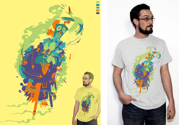 Tegning af jordklode hvor konsekvenserne af menneskelig forurening er illustreret med døde træer, dyr der flygter og forurenende fabrikker. Ved siden af tegningen står en mand med tegningen af jordkloden på en t-shirt.