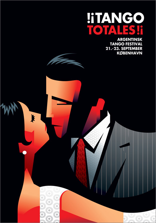 Plakat der reklamerer for en tango festival med en tegning af en kvinde og en mand der står meget tæt. Illustrationen er stiliseret og ekspressiv i stilen med sort baggrund og i et rødligt skær.