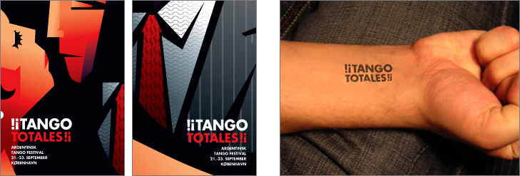 Postkort der reklamerer for en tango festival med nærbillede af illustration af mand og kvinde der står tæt. Illustrationen er tegnet med sort baggrund i et rødligt skær. Ved siden af er der et billede af en underarm med et stempel i form af festivalens logo.