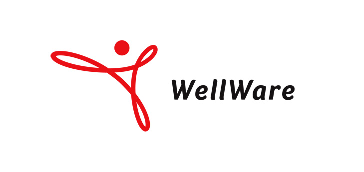 Wellware logo design med et evighedssymbol tegnet med en tyk rød streg.
