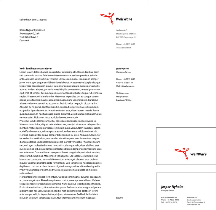 Layout eksempel af brevpapir og visitkort til it-firmaet Wellware.