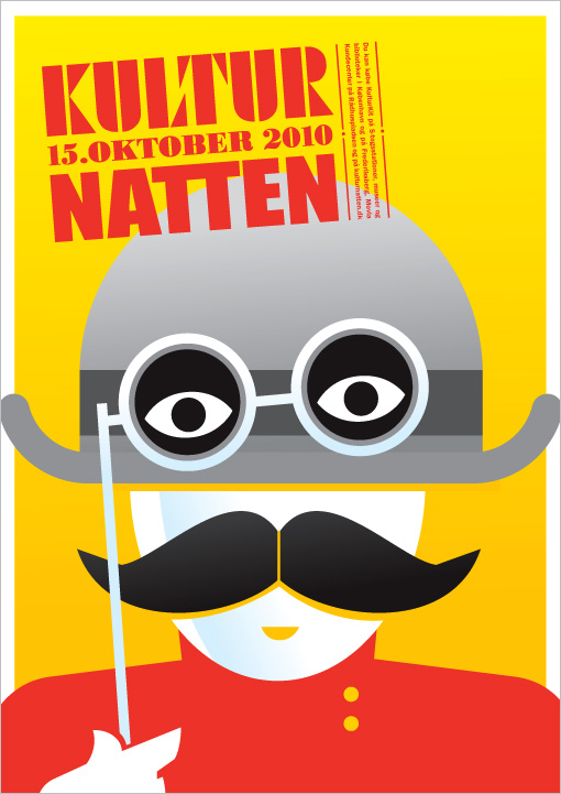 Plakat for kulturnatten med mand med bowlerhat trukket ned over hovedet og et par håndholdte gammeldags briller. Manden har overskæg.