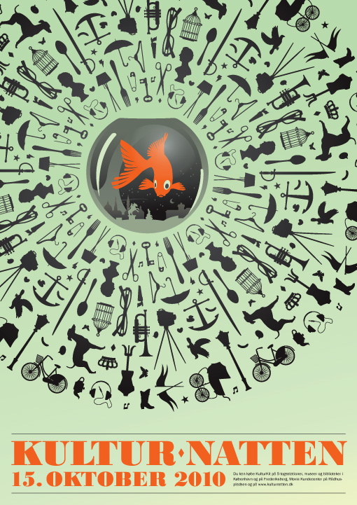 Plakat for kulturnatten med en guldfisk i en bowle. I bowlen er en miniature version af københavn og udenom bowlen er afbildet et møsnter med en masse forskellige ting tegnet i silhouet.