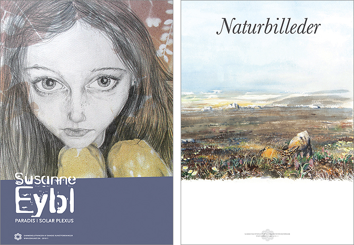 Plakat fra kunstudstilling med kunstneren Susanne Eybl og plakat fra kunstudstllingen naturbilleder. Begge er akvareltegningre. Den ene af en pige og den anden af et hedelandskab med en fugl i forgrunden.