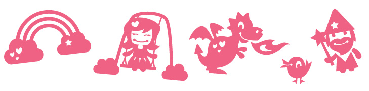 Pink wallstickers with a princess theme drawn in a cute style. There is a rainbow, a princess on a swing, a dragon, a small bird and a wizard.