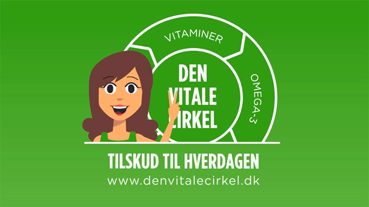 Skærmbillede af slutskærmen fra videoen Den Vitale Cirkel. En kvinde strå foran den vitale cirkel og hendes venstre hånd danner et v som hun holder op foran v'et i titlen Den Vitale Cirkel. Nederst står kampagnens afmelding: Tilskud til Hverdagen.