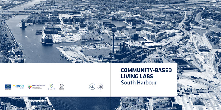 Layout af omslaget fra udgivelsen Community Based Living Labs South Harbour. Hovedelementet pÃ¥ omslaget er et luftfoto af Sydhavnen i KÃ¸benhavn holdt i blÃ¥ toner. PÃ¥ bagsiden ses diverse logoer og pÃ¥ forsiden ses overskriften Community Based Living Labs, South Harbour.