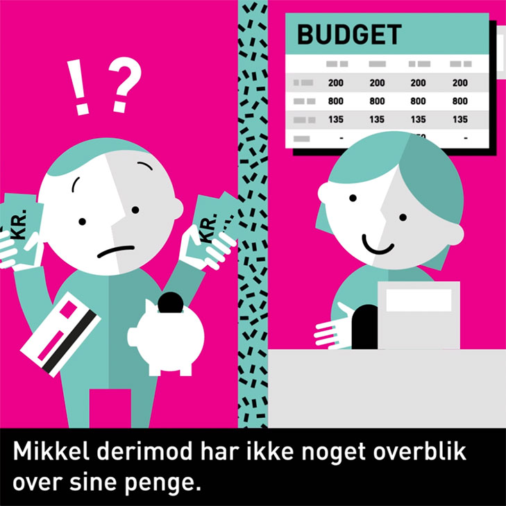 Illustration fra animeret film om budgetlÃ¦gning med dreng som ikke kan spare op og pige som arbejder for at spare penge op.