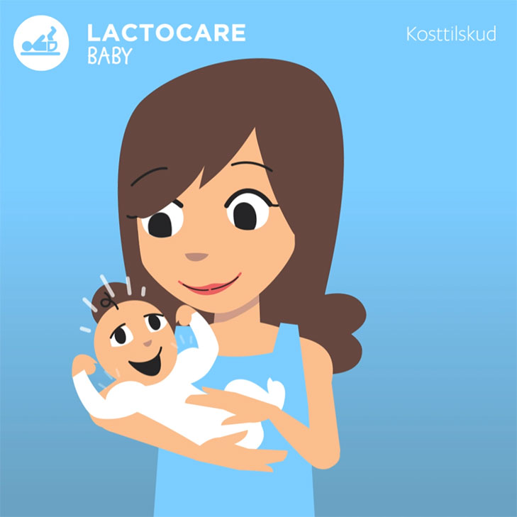 Lactocare Baby kosttilskud illustration til animeret explainer video med mor der holder sin baby i armene.