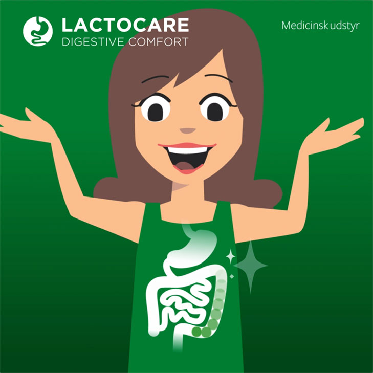 Lactocare Digestive Comfort kosttilskud illustration til animeret explainer video med glad kvinde som slÃ¥r ud med armene. PÃ¥ hendes mave er der en illustration af hendes tarmsystem.