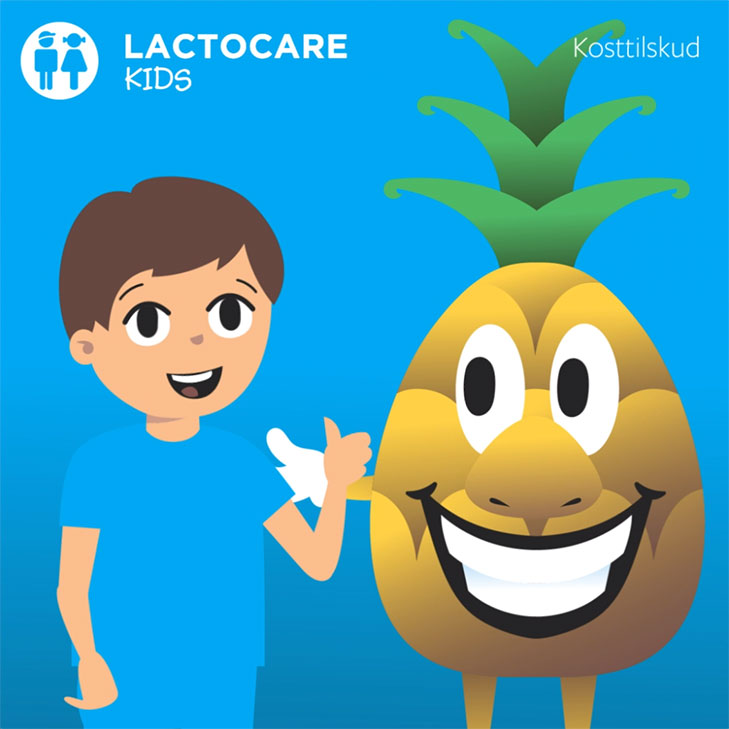 Lactocare Kids kosttilskud til animeret explainer video med dreng og en maskot formet som en ananas.