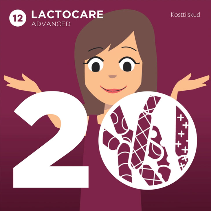 Lactocare Advanced kosttilskud illustration til animeret explainer video med glad kvinde der kigger ned pÃ¥ et en stor illustration af tallet 20 med ikon af mÃ¦lkesyrebakterier inde i nullet.