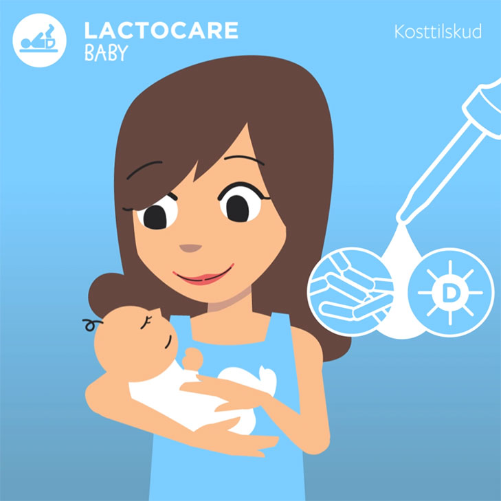 Lactocare baby kosttilskud illustration til animeret explainer video med mor der holder sin sovende baby i armene. Ved siden af hende hÃ¦nger en stor pipette med en drÃ¥be og et d-vitamin ikon samt et mÃ¦lkesyrebakterie ikon.