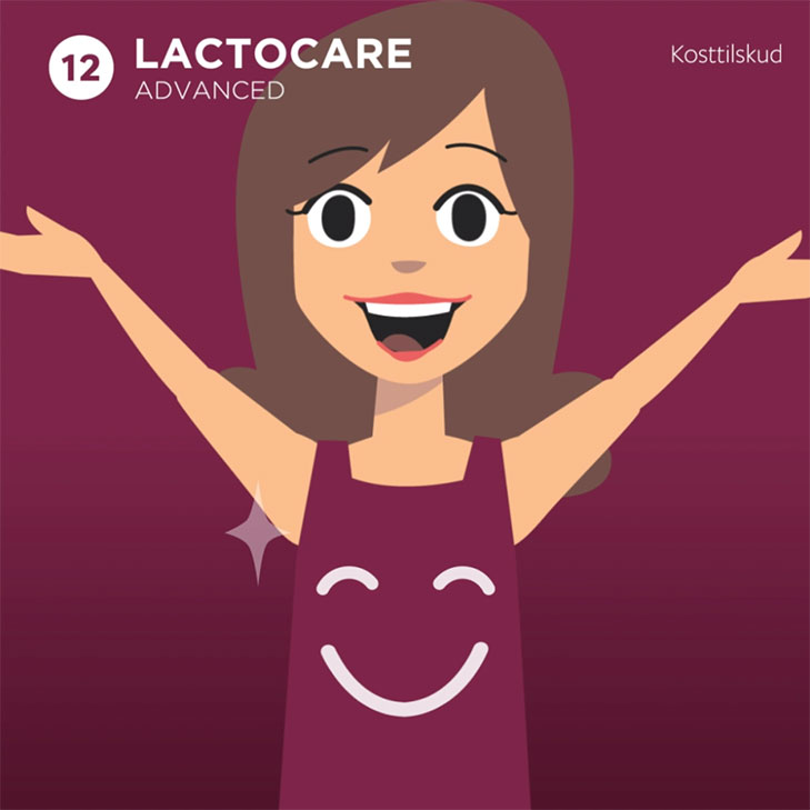 Lactocare Advanced kosttilskud illustration til animeret explainer video med en meget glad kvinde som slÃ¥r ud med armene. PÃ¥ hendes mave er der en glad smiley.
