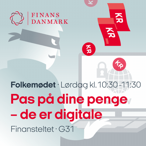 Animeret gif for Finans Danmark med tyv der hacker sig ind i computer. Digitale penge flyver ud af computeren.
