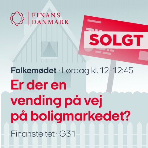 Animated gif for Finance Denmark with a house and a for-sale-sign illustrating the real estate market