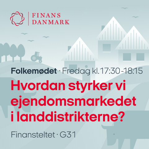 Animated gif for Finance Denmark with a landscape with fields and a couple of houses with a for-sale-sign illustrating the real estate market in rural areas