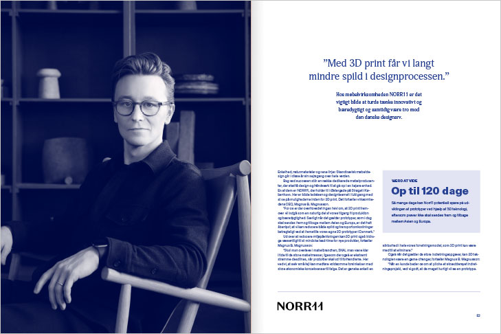 Danish AM Hub, Additive Manufacturing Magazine, Layout of spread with 3D print case about the company NORR11, spread 1 with a large portrait photo of the designer