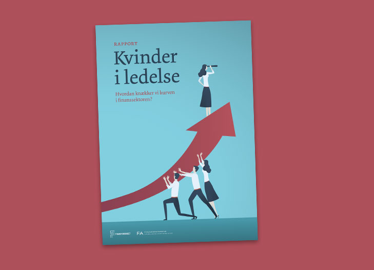 Rapport layout, Kvinder i Ledelse: Layout af forside med illustration af kvinde pÃ¥ toppen af en opadgÃ¥ende pil. Hun stÃ¥r med en kikkert og ser ud i horisonten.