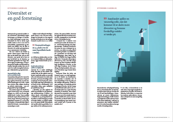 Rapport layout, Kvinder i Ledelse: Layout af opslag med artiklen 'Diversitet er en god forretning'. PÃ¥ hÃ¸jre side er der en stor illustration med et citat.