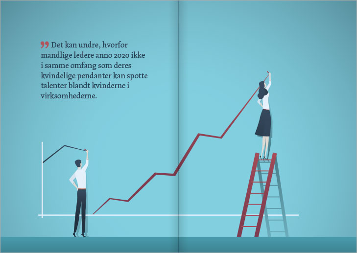 Rapport layout, Kvinder i Ledelse: Dobbetopslag med en stor illustration af kvinde og mand der tegner en opadgÃ¥ende kurve pÃ¥ vÃ¦ggen. Kvinden stÃ¥r pÃ¥ en stige.