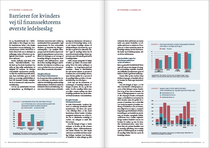 Rapport layout, Kvinder i Ledelse: Layout af opslag med titlen 'Barrierer for kvinders vej til finanssektorens Ã¸verste ledelseslag' med adskillige figurer, grafer og diagrammer.