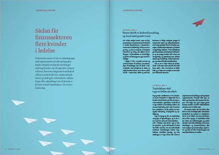 Rapport layout, Kvinder i Ledelse: Opslag med anbefalinger til tiltag der kan fÃ¥ flere kvinder i ledelse i finanssektoren.