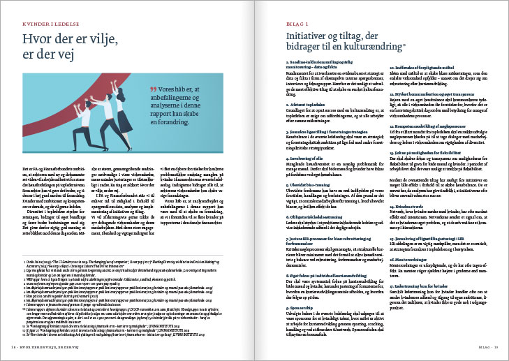 Rapport layout, Kvinder i Ledelse: Opslag med layout af artiklen 'Hvor der er vilje, er der vej'.