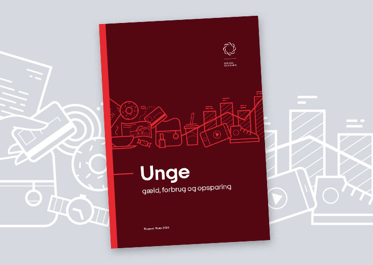 Finans Danmark, rapport om unges gÃ¦ld, forbrug og opsparing: Layout af rapport forside.