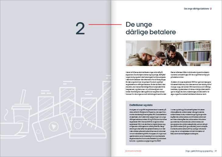 Finans Danmark, rapport om unges gÃ¦ld, forbrug og opsparing: Layout af opslag med kapitelstart.