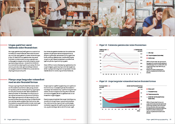 Finance Denmark, Report on young peoples debts, spending and savings: Layout of text spread.